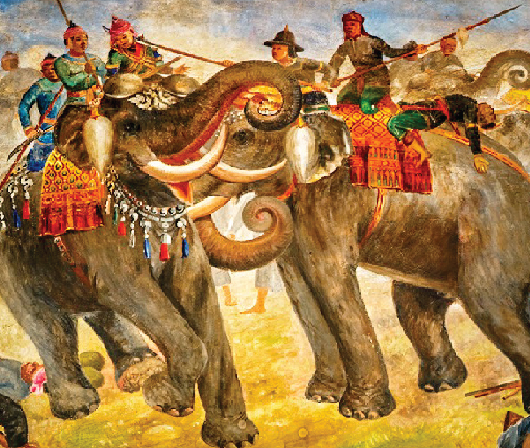 This painting tells the story of the King of Thailand and Myanmar fighting on the back of their elephants